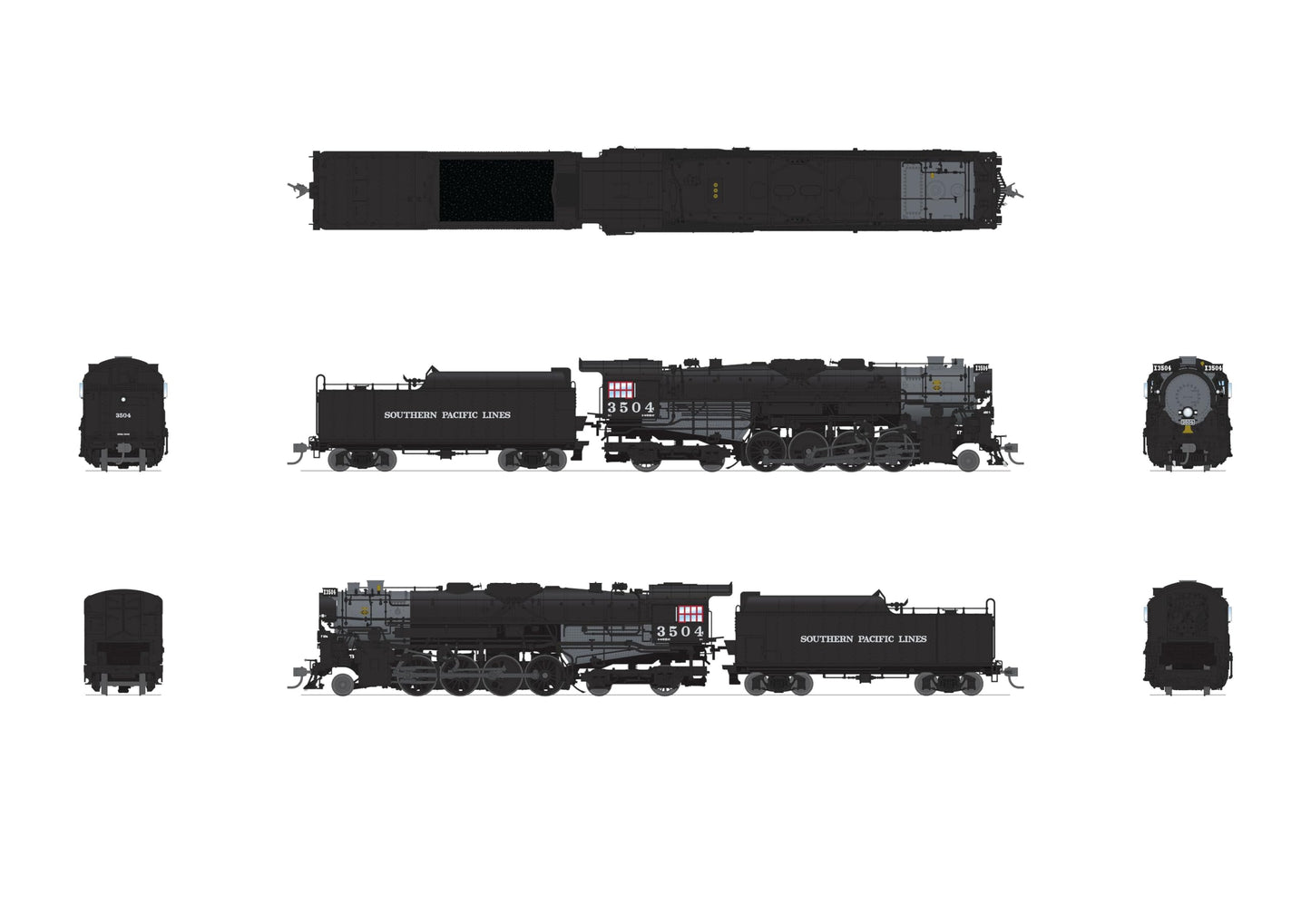 Broadway Limited 7905 Southern Pacific 2-8-4 Berkshire, T1a #3504, 4-axle Tender, No-Sound/DCC-Ready, HO