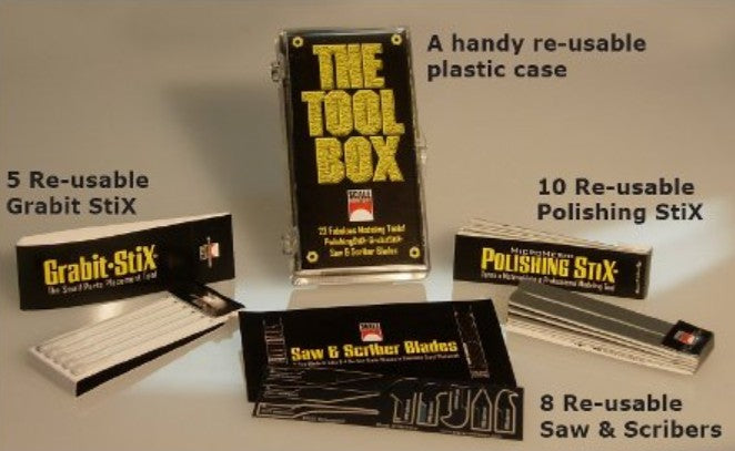 The Tool Box: 5 Grabit Stix, 10 Polishing Stix, 4 Saw Blades, 4 Scriber Blades