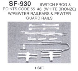 HO Switch Frog Code 55 #8 w/Switch Points & Pewter Guard Rails/Railbars (White Bronze) Set