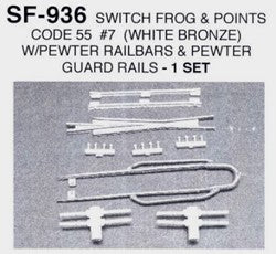 HO Switch Frog Code 55 #7 w/Switch Points & Pewter Guard Rails/Railbars (White Bronze) Set