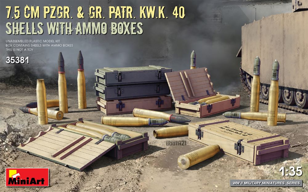 1/35 WWII 7.5cm PZGR & GR PATR KwK 40 Shells w/Ammo Boxes