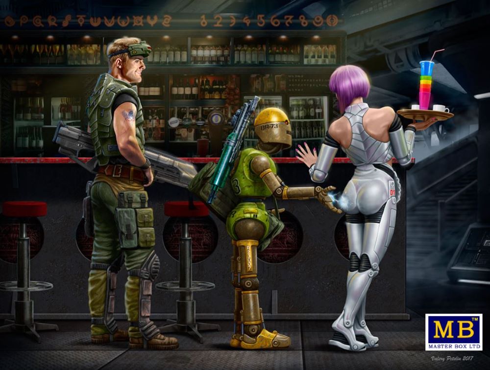 1/24 At the Edge of the Universe: Space Mercenary w/Heavy Gun, Robot & Android Waitress Holding tray/drinks (D)