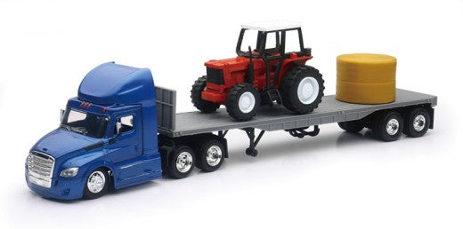 1/43 Freightliner Cascadia w/Flatbed Trailer, Farm Tractor & Hay Bale (Die Cast)
