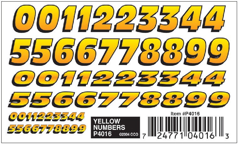 Pine Car Dry Transfer Yellow Numbers