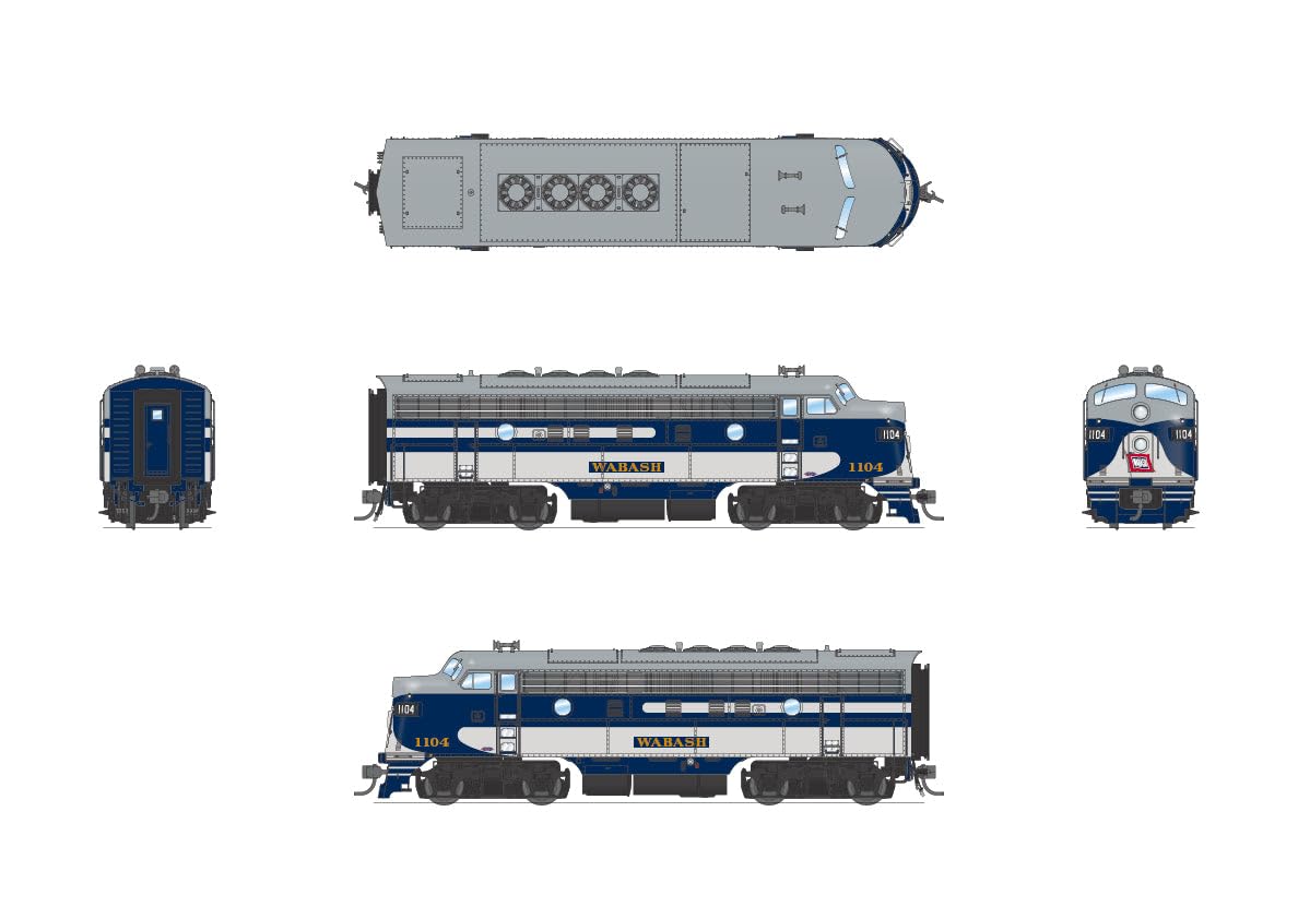 Broadway Limited 6681 EMD F7 A/B Set, WAB 1104/1104B, Blue, Gray & White, A-Unit Paragon4 Sound/DC/DCC, Unpowered B, HO