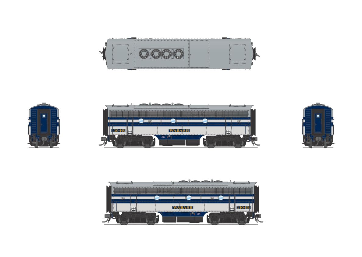 Broadway Limited 6681 EMD F7 A/B Set, WAB 1104/1104B, Blue, Gray & White, A-Unit Paragon4 Sound/DC/DCC, Unpowered B, HO