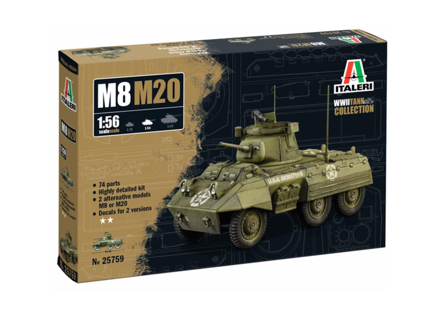 Italeri 25759 1:56 M8/M20 Greyhound Model Building Kit, Standing Model Building, Crafts, Hobby, Gluing, Plastic Kit, Detailed, Unpainted
