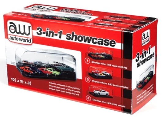 3-in-1 Auto Plastic Display Showcase for 1/64, 1/43, 1/24 w/Black Base & Interchangeable Inserts