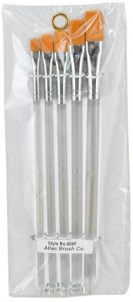 Atlas Brush #800F: 2,4,6,8,10 Flat Golden Taklon Brushes w/Clear Plastic Handles (5)