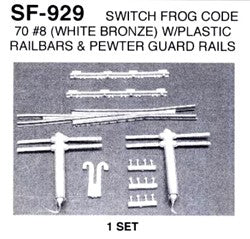 HO Switch Frog Code 70 #8 w/Plastic Railbars & Pewter Guard Rails (White Bronze) Set