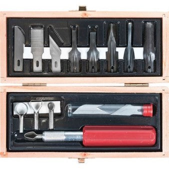 Woodcarving Tool Set: Gouges, Routers, Blades & Handle (Wooden Box)