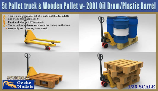 1/35 5-Ton Pallet Truck & Wooden Pallet w/200L Oil Drums & Barrels