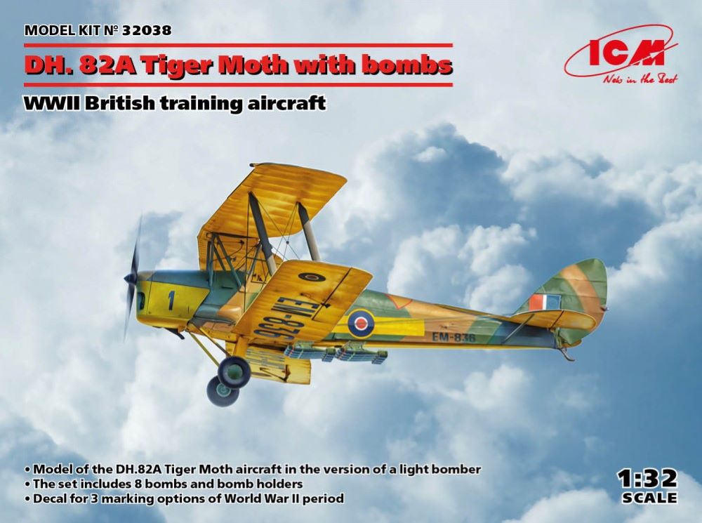 1/32 WWII British DH82A Tiger Moth Training Aircraft w/Bombs