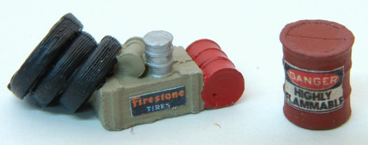 HO Custom Gas Station Junk #2 (Hazardous Barrel, Tires, Oil Barrel & Crate)