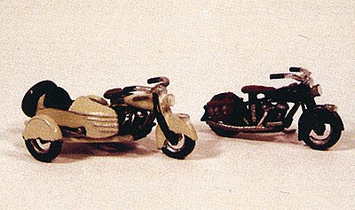 HO 1947 Motorcycles: 1 w/Saddle Bag & 1 w/Streamline Sidecar Metal Kit