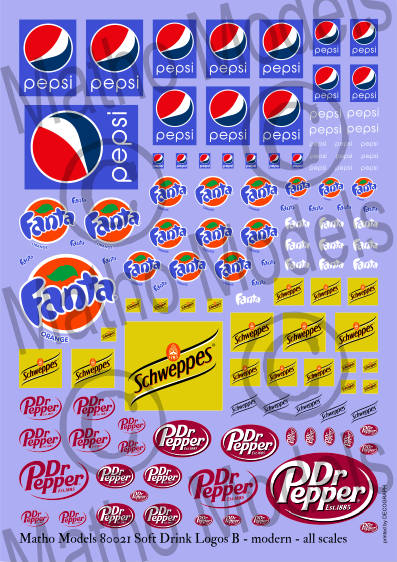 Multi-Scale Modern Soft Drink Logos Decals (Pepsi, Fanta, Schwepper, Dr Pepper)