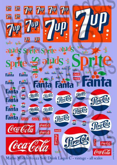 Multi-Scale Vintage Soft Drink Logos Decals (7UP, Sprite, Fanta, Pepsi, Coca-Cola)