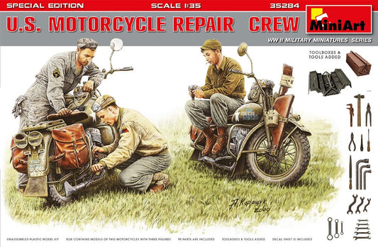 1/35 WWII US Motorcycle Repair Crew (3) w/2 Motorcycles, Tools & Boxes (Special Edition)