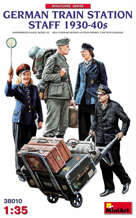 1/35 German Train Station Staff 1930-40s (4) & Cart w/Luggage