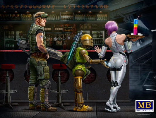 1/24 At the Edge of the Universe: Space Mercenary w/Heavy Gun, Robot & Android Waitress Holding tray/drinks (D)