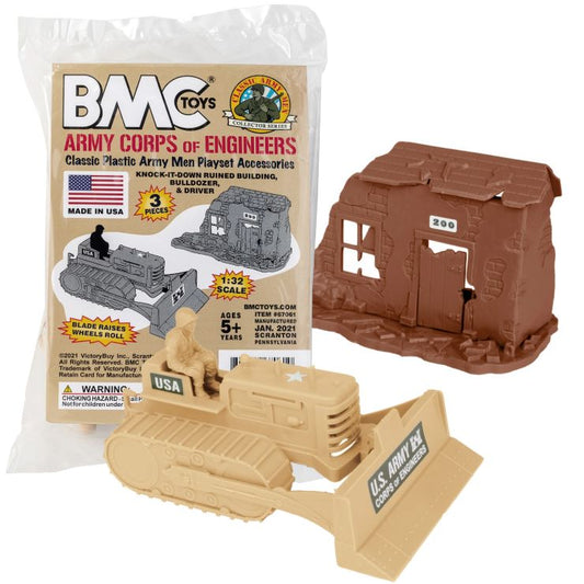 54mm US Army Bulldozer (Tan), Driver & Ruined Building Playset (Bagged) (BMC Toys)