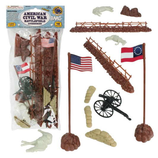 54mm American Civil War Battlefield: Fences, Sandbags, Guns, Horses etc. (18pcs) (Bagged) (BMC Toys)