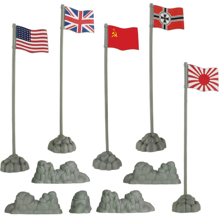 54mm WWII Allies & Axis Flags w/Rock-Type Bases (5) & Rock Formations (5) (Bagged) (BMC Toys)