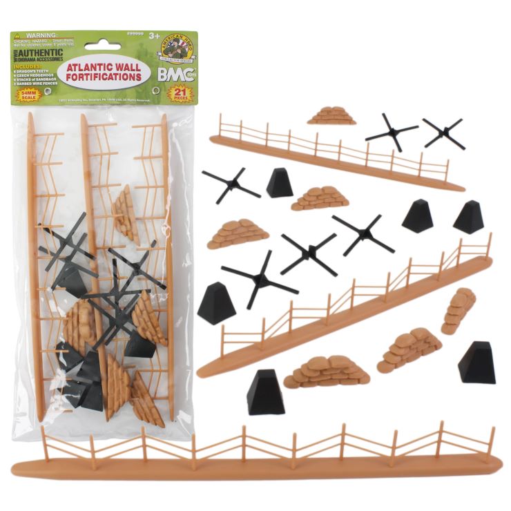 54mm WWII Atlantic Wall Fortifications: Fences, Hedgehogs, Sandbags, etc. (21pcs) (Bagged) (BMC Toys)