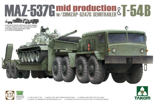 1/72 MAZ537G Mid Production Tank Tractor w/CHMZAP-5247G Semi-Trailer & T54B Tank (3 Kits)