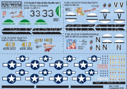 1/72 P38J/L 8th FG Windy City Ruthie 380th FS, Pecks Bad Girl V 36th FS, N Wishful-thinking 36th FS Le Shima 1945, Hazel 413 44th FS 18th FG Phillippines Late War