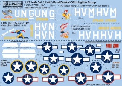 1/72 P47C/D 56th FG of Zemke's Maximum Goose UN-G 62nd FS, OLe Cock HV-M 61st FS, Liberty Belle 61st FS, Powers Girl HV-H 61st FS Late 1943