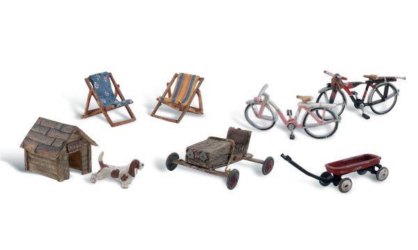 HO Scenic Accents Backyard Basics (Chairs, Bicycles, Wagon, Go-Cart & Dog w/Dog House)