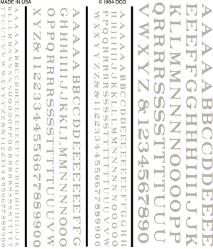 Dry Transfer R.R. Roman White Letters/Numbers 1/16", 3/32", 1/8", 3/16"
